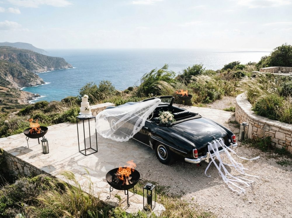 Carro de casamento clássico preto descapotável decorado com flores e fitas junto ao mar com bolo e fogo decorativo