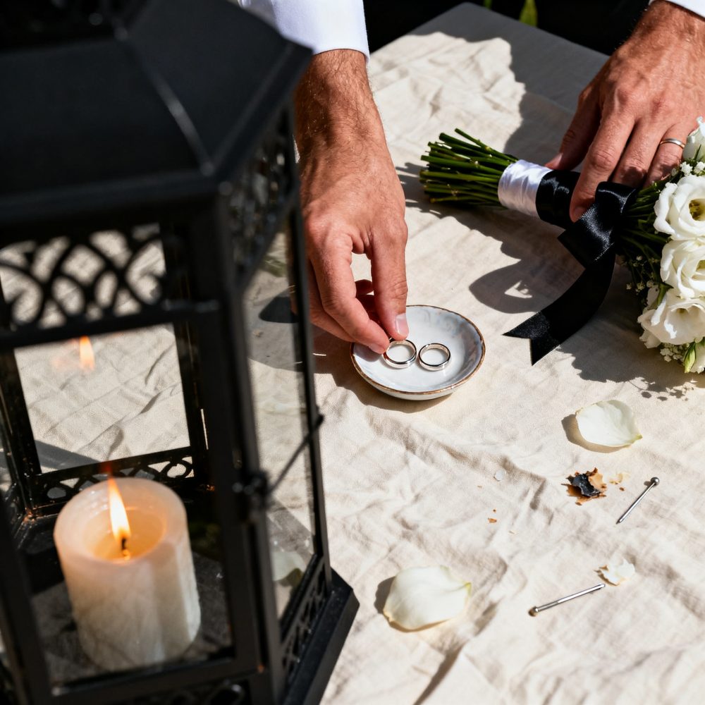 Mãos segurando alianças sobre prato com bouquet branco e vela acesa em lanterna preta