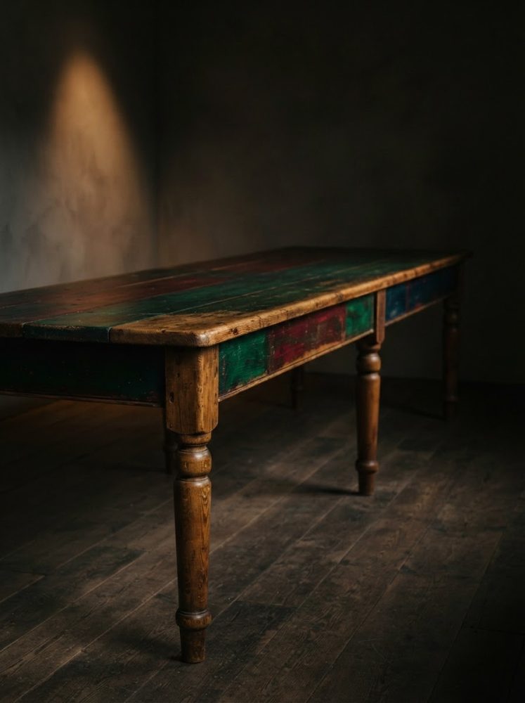 Mesa rústica em madeira com tampo colorido envelhecido e pernas torneadas em ambiente escuro