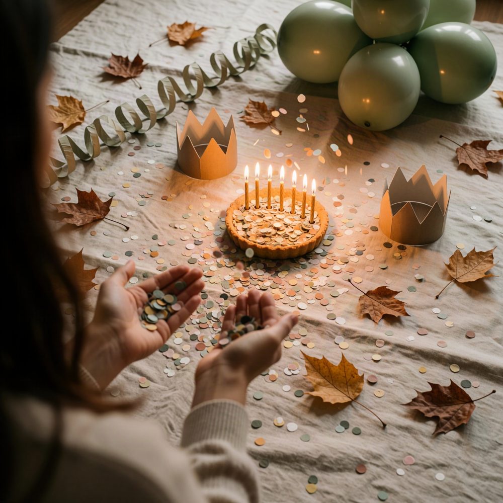 Mãos segurando confetes junto a bolo com velas, coroas de papel, folhas secas e balões verdes sobre mesa