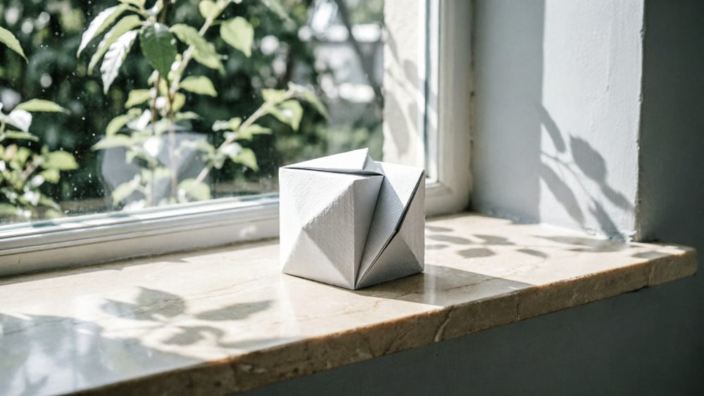 Objeto geométrico de papel branco dobrado num parapeito iluminado por luz natural com sombras de plantas