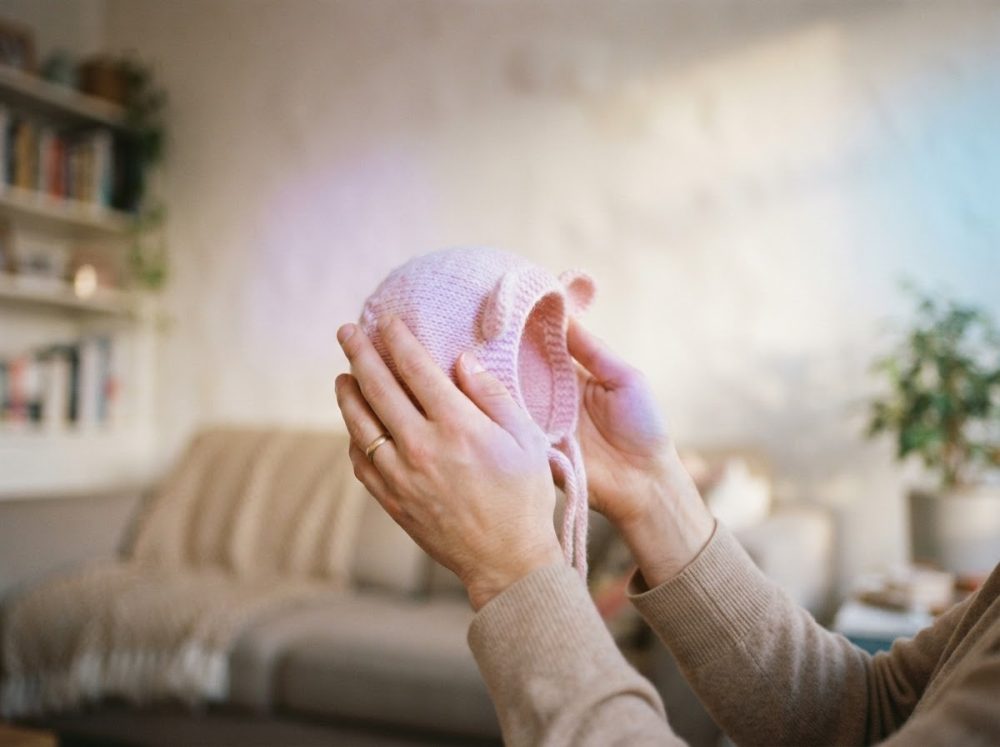 Duas mãos seguram um gorro de malha rosa com orelhas para bebé em ambiente doméstico acolhedor