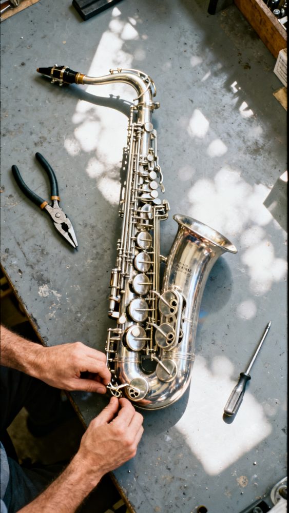 Mãos a ajustar saxofone prateado numa bancada com ferramentas de reparação musical