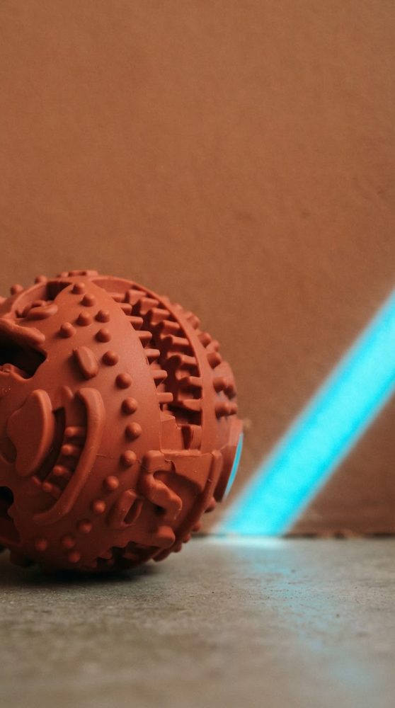 Brinquedo vermelho para cães em forma de bola com textura detalhada sobre fundo neutro