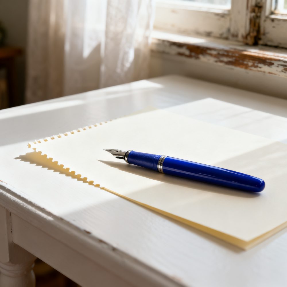 Caneta de tinteiro azul sobre folhas de papel branco numa mesa iluminada pela luz natural