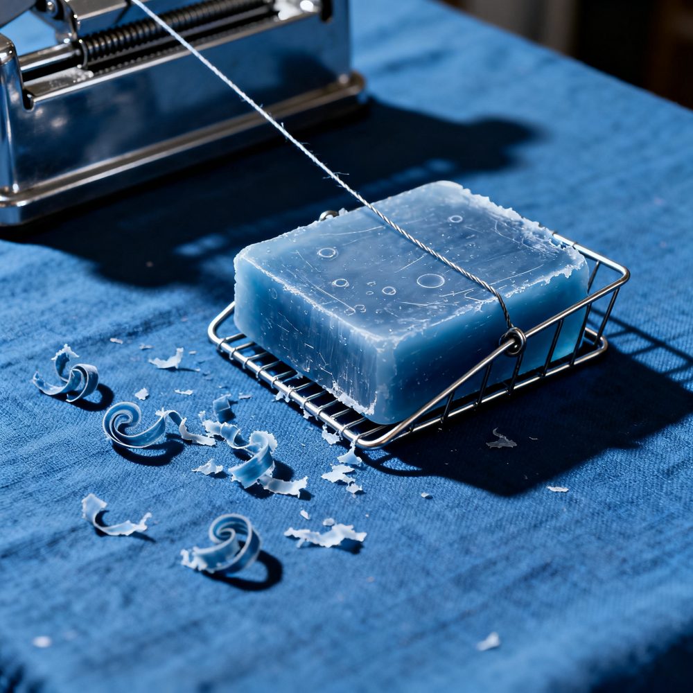 Bloco de sabão azul em suporte metálico com fio para cortar e pequenas lascas à volta, sobre tecido azul.