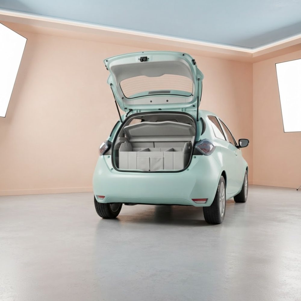 Carro verde claro com porta traseira aberta e organizador no porta-malas em espaço minimalista