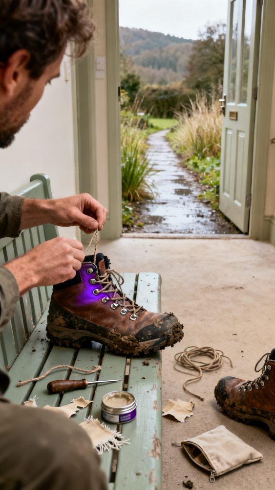 Homem a amarrar atacadores em botas de caminhada com lama num banco perto de porta aberta para jardim