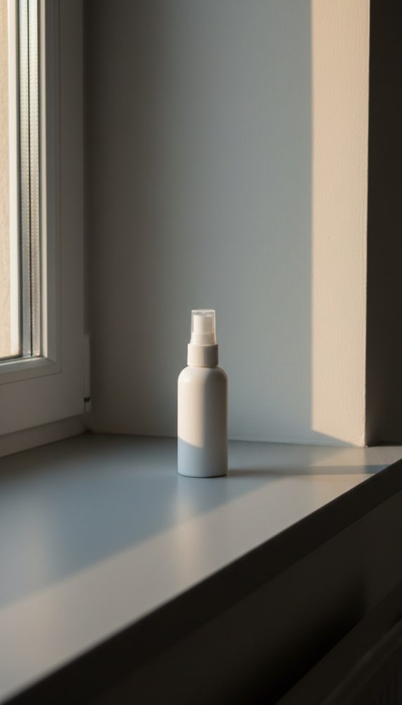 Frasco branco com spray em parapeito iluminado por luz natural junto a uma janela