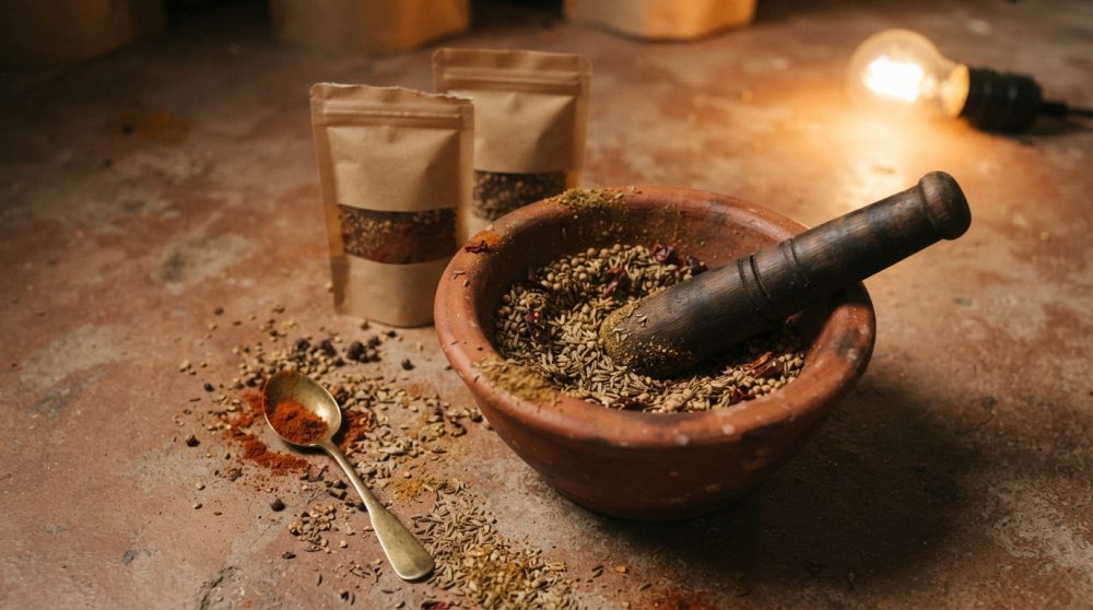 Pilão de barro com especiarias, colher com pó vermelho e sacos de condimentos em superfície rústica