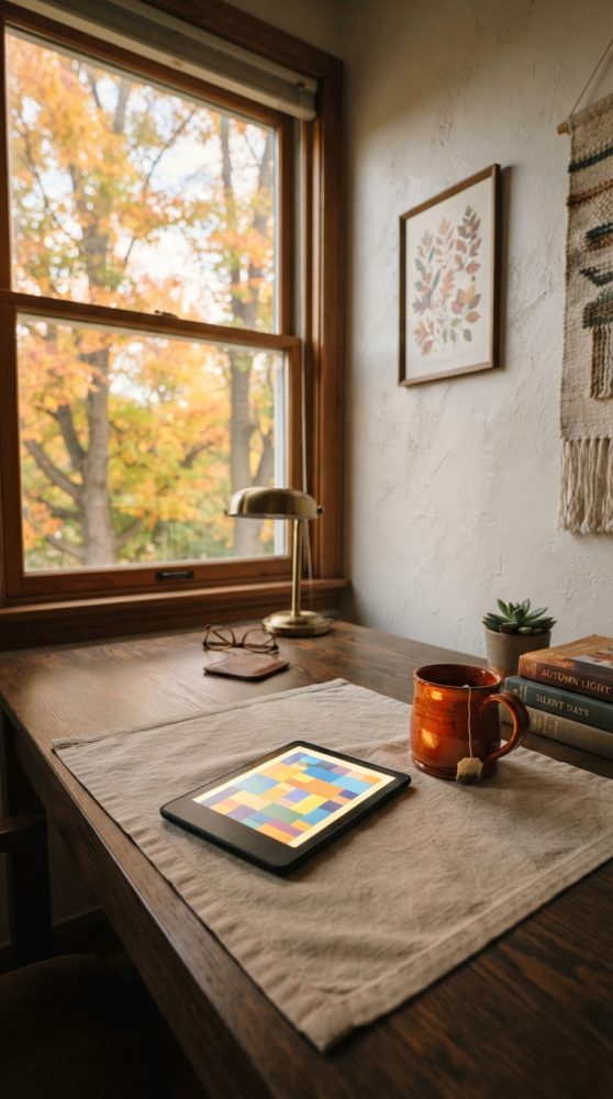 Tablet com padrão colorido sobre mesa de madeira junto a caneca, livros e planta perto de janela com vista de árvores de outono
