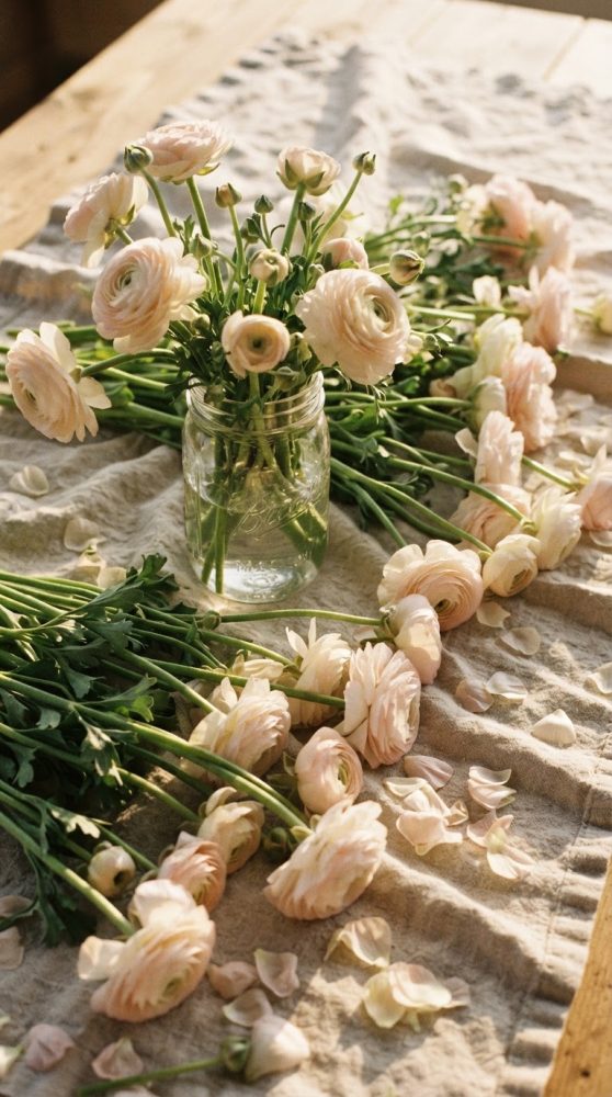 Flores ranúnculo cor-de-rosa num vaso de vidro sobre tecido bege com pétalas espalhadas