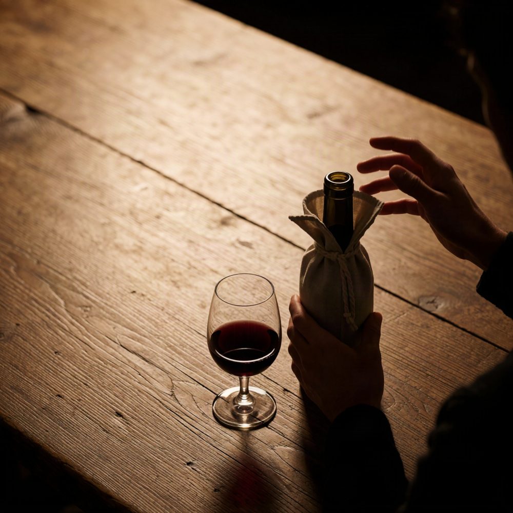 Taça com vinho tinto e garrafa em saco branco sobre mesa de madeira rústica com mão a segurar