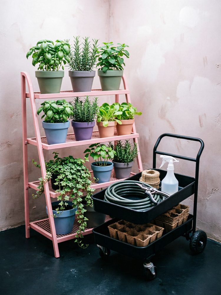 Estante rosa com plantas em vasos coloridos e carrinho preto com equipamento de jardinagem