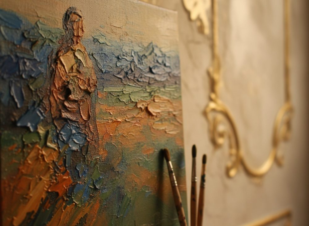 Pintura a óleo texturada com figura humana e pincéis apoiados numa tela com moldura dourada ao fundo