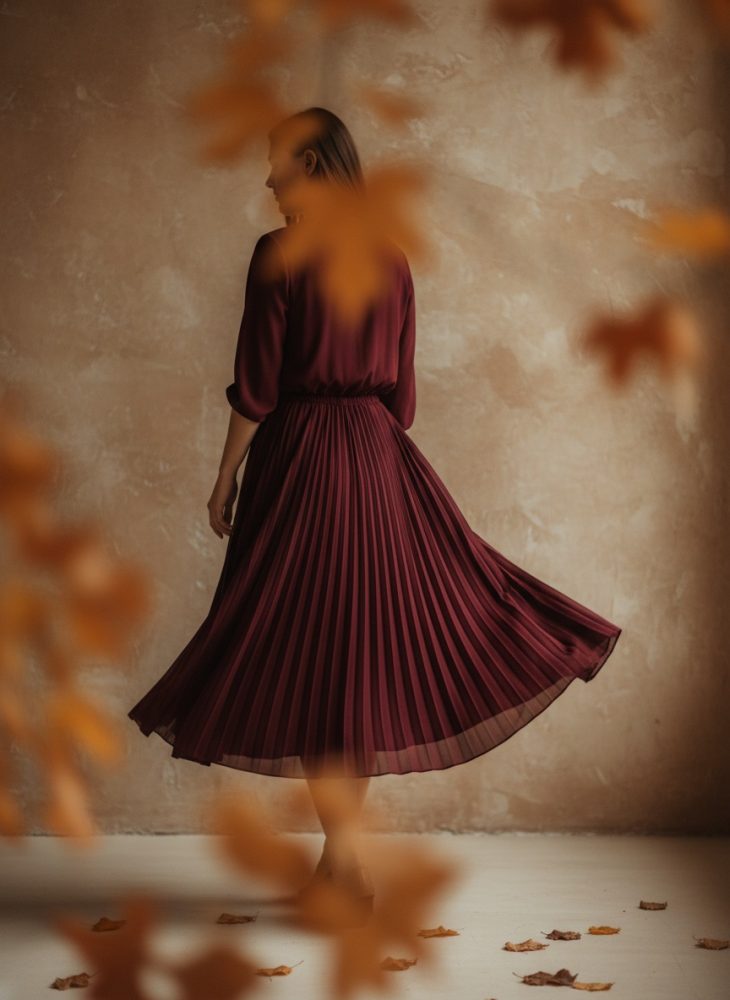 Mulher vista de costas com vestido midi plissado vinho num cenário outonal