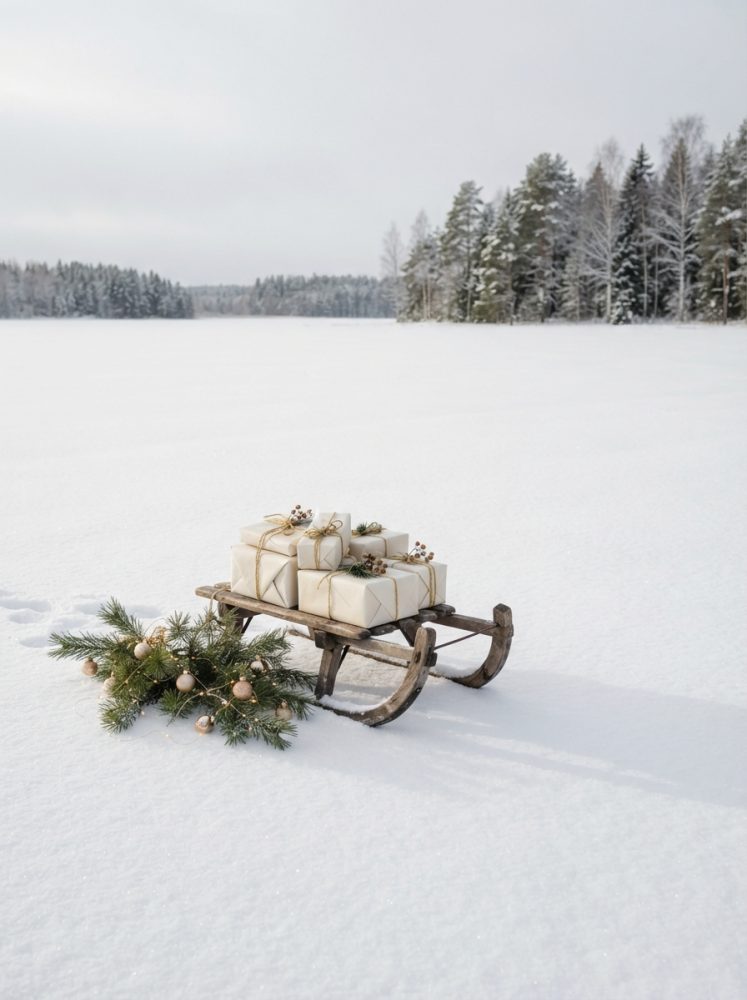 Trenó de madeira com presentes embrulhados em papel branco sobre neve e ramos de pinheiro decorados
