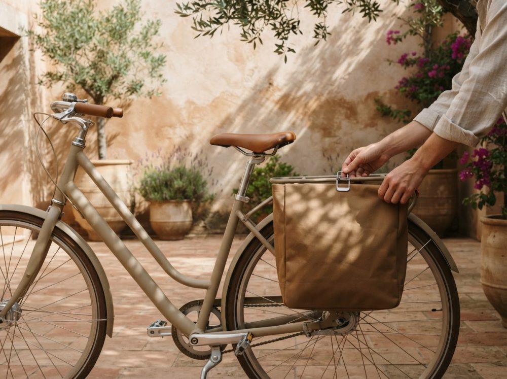 Bicicleta urbana bege com saco lateral castanho em espaço exterior com plantas e parede texturada