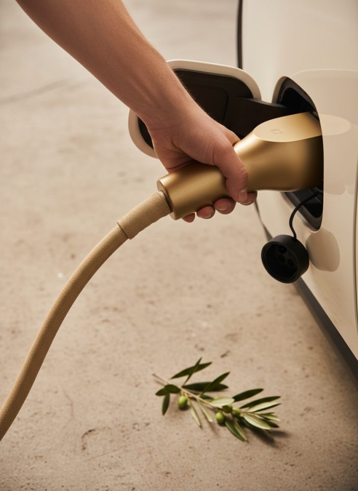 Mão a carregar carro elétrico branco com cabo dourado e ramo de oliveira no chão