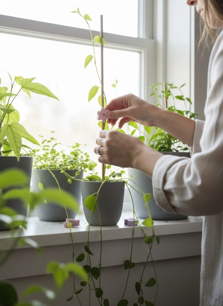Mãos a ajustar suporte numa planta em vaso junto à janela com luz natural