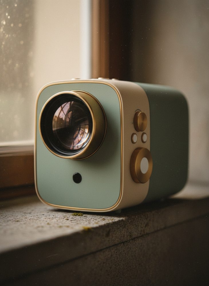 Projetor portátil vintage verde com detalhes dourados colocado numa janela
