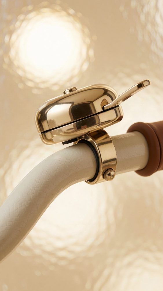 Sino dourado para bicicleta montado em guiador branco com punho castanho