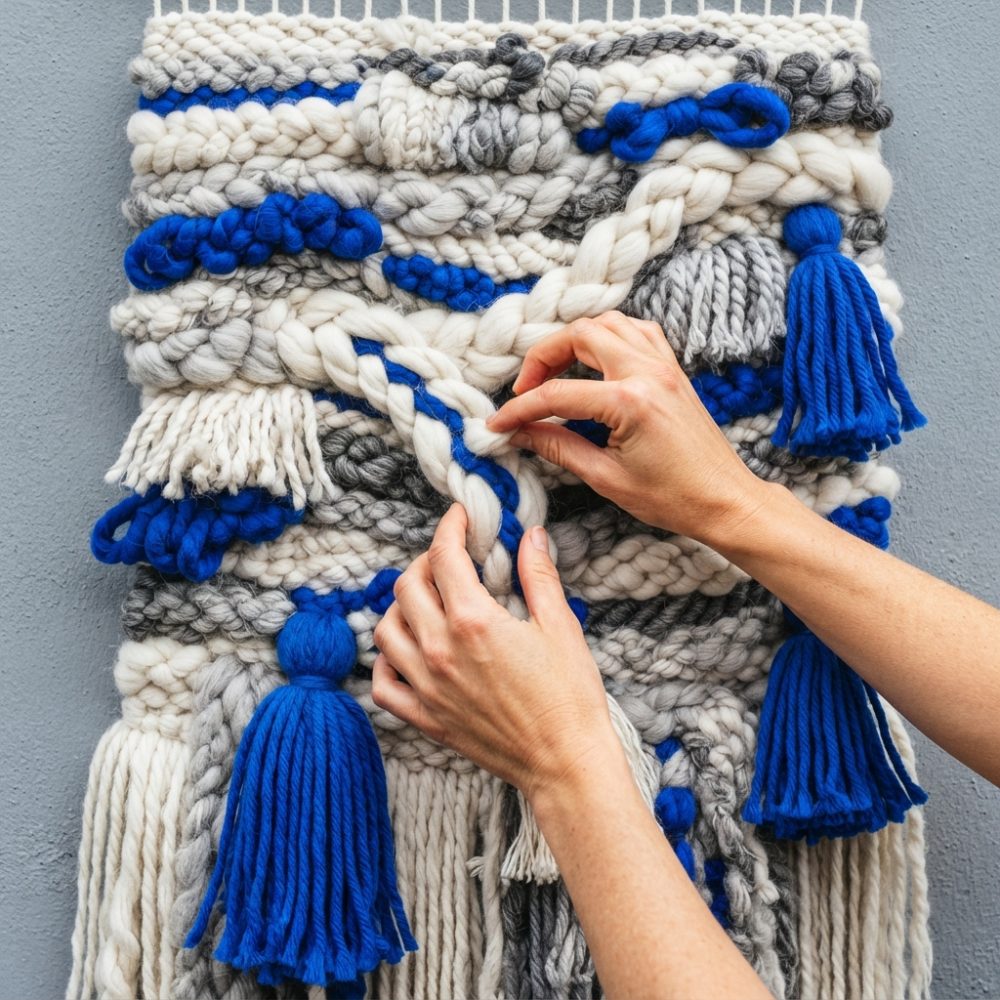 Tapeçaria de lã branca, cinzenta e azul com tasséis e tranças feitas à mão