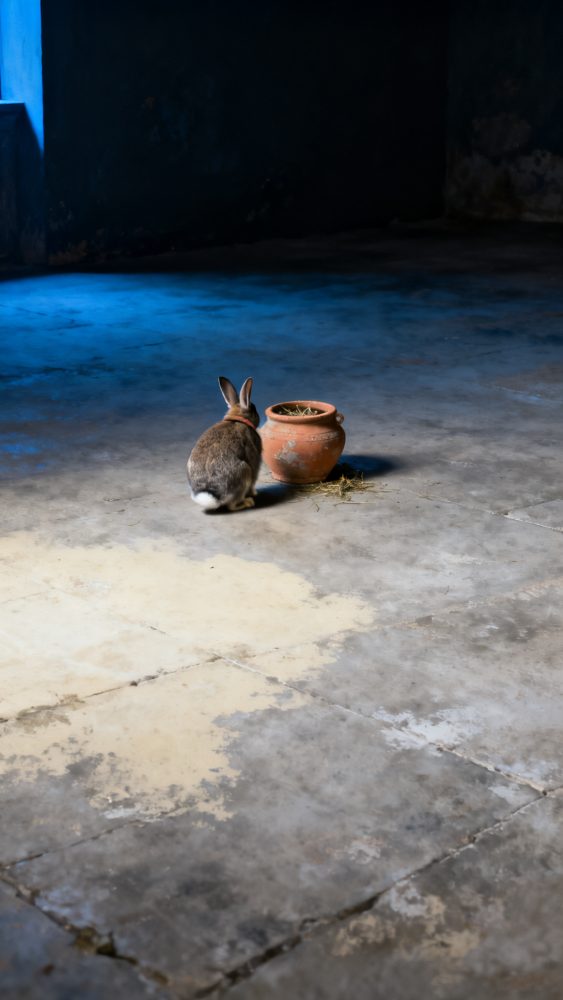 Coelho cinzento sentado num chão de pedra ao lado de vaso de barro com feno