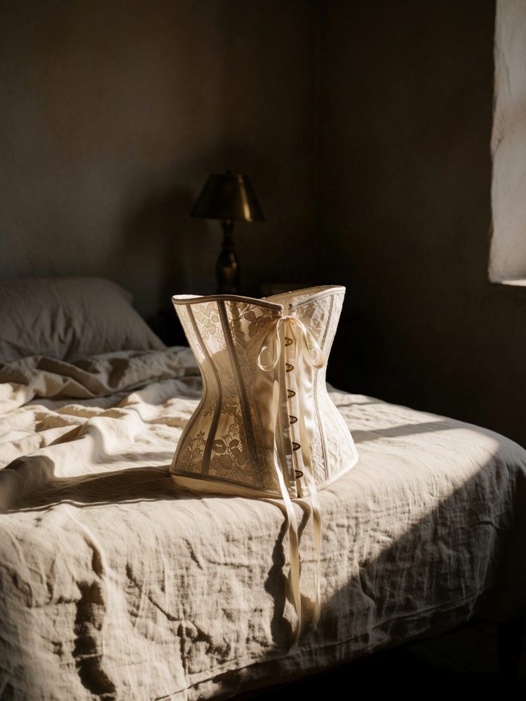 Corselete branco em renda colocado sobre cama com lençol bege e luz natural suave