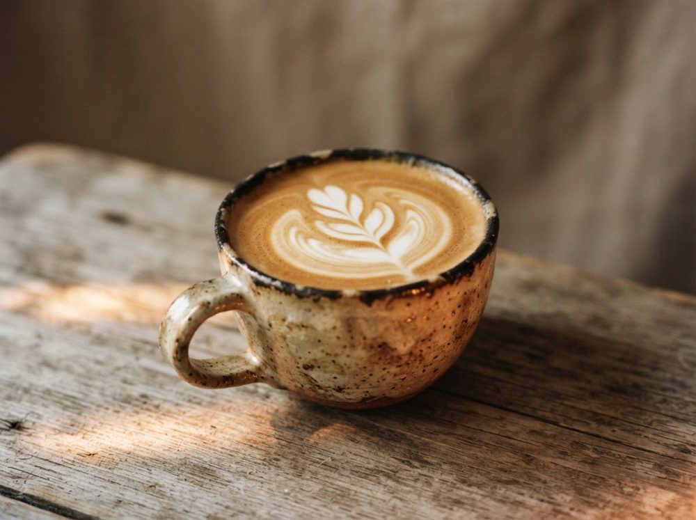 Chávena rústica com cappuccino e arte latte sobre mesa de madeira envelhecida