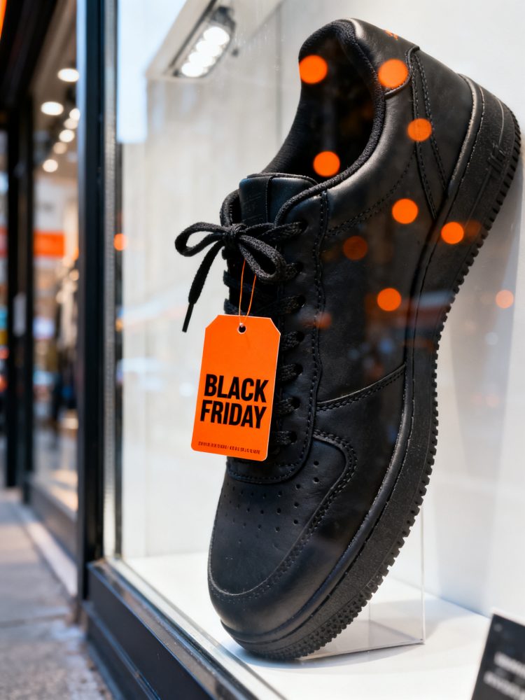 Tênis preto em montra com etiqueta laranja Black Friday