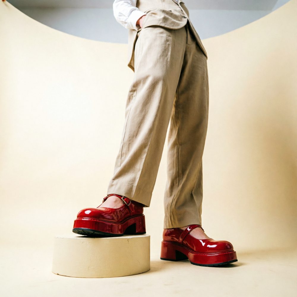 Sapatos vermelhos de plataforma com fivela usados com calças bege largas