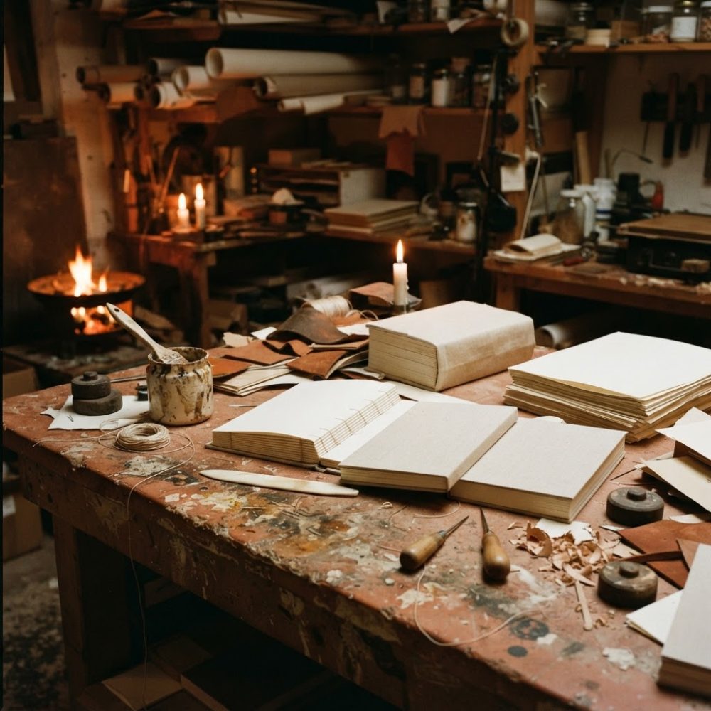 Mesa de oficina com livros, folhas, ferramentas e iluminação de velas e lareira num ambiente artesanal
