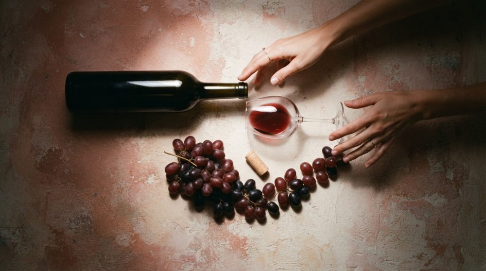 Mãos seguram copo com vinho tinto ao lado de garrafa, cacho de uvas e rolha sobre superfície rústica