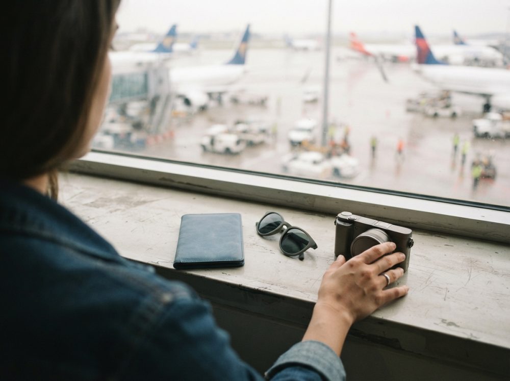 Pessoa numa aerogare a segurar câmara com passaporte e óculos na janela e aviões visíveis