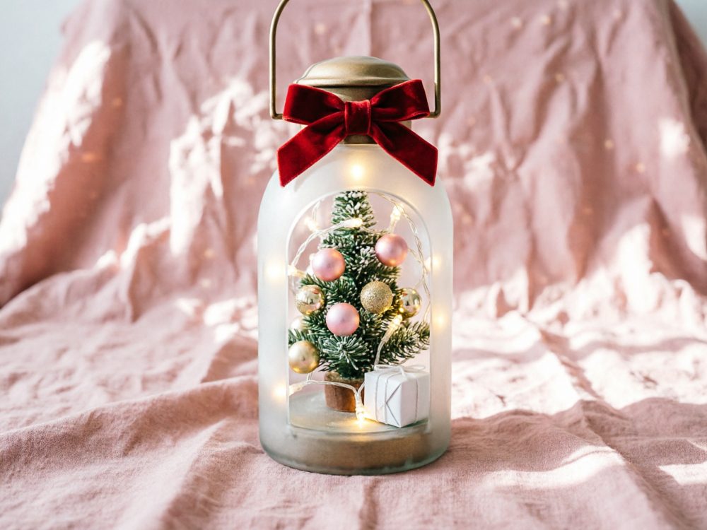 Lanterna de vidro esbatido com árvore de Natal decorada, luzes LED e laço vermelho em fundo rosa claro