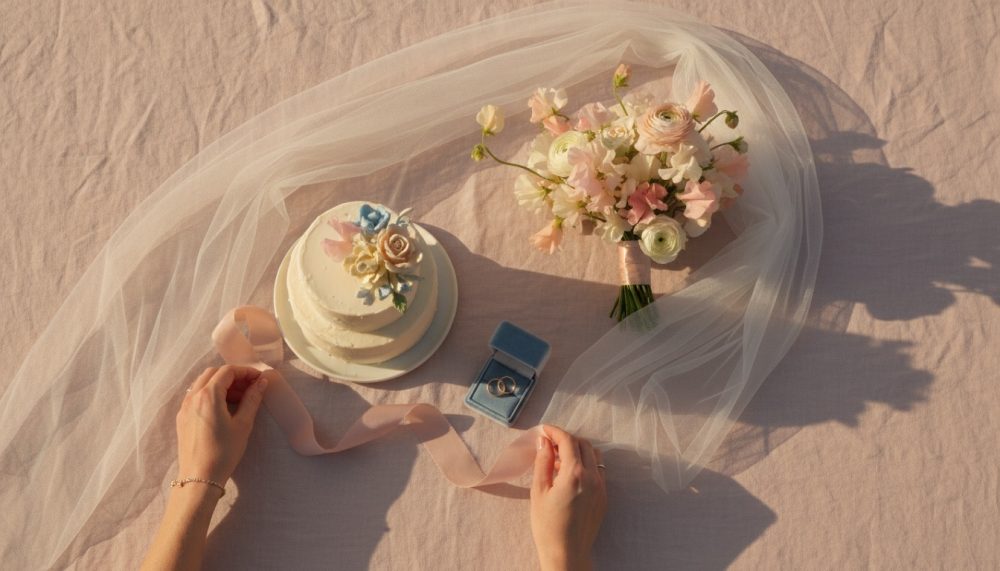 Bolo de casamento, bouquet de flores e alianças sobre tecido claro com véu translúcido