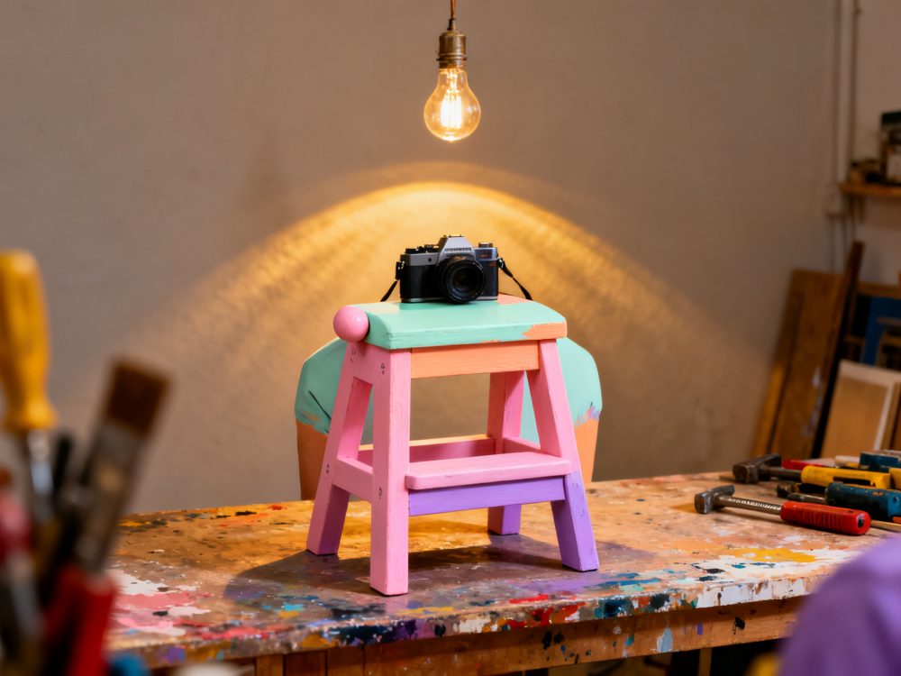 Banco colorido com câmera analógica sobre mesa de trabalho e lâmpada pendente