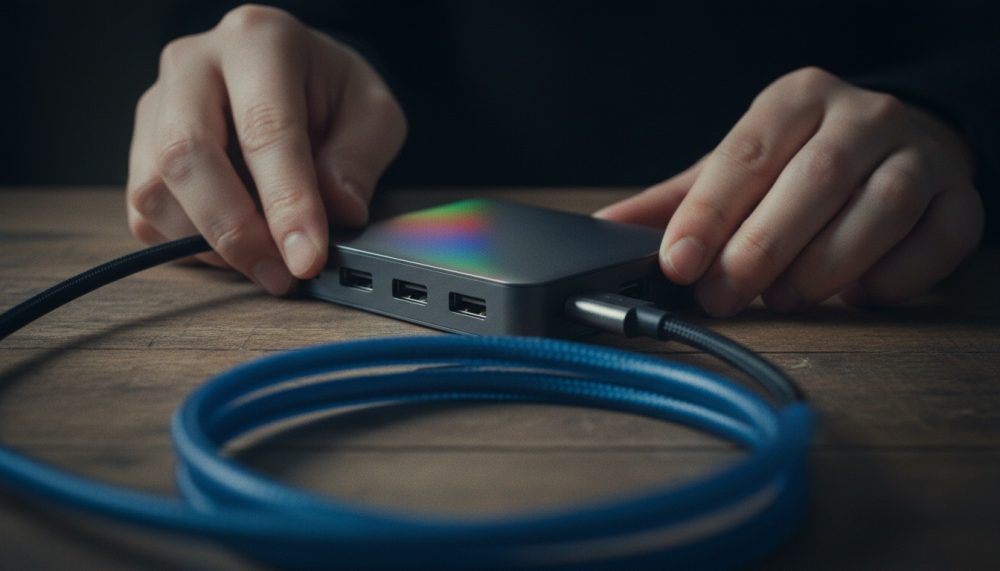 Mãos a ligar cabo azul a hub USB compacto com três portas USB tipo A