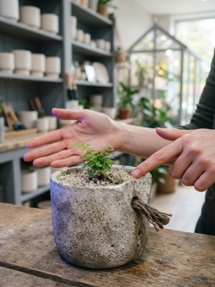Mãos a tocar planta num vaso rústico de betão com corda natural sobre mesa de madeira