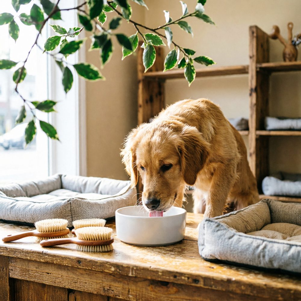 Cão Labrador dourado a beber água de uma tigela branca sobre mesa de madeira, com camas e escovas de pelo à volta