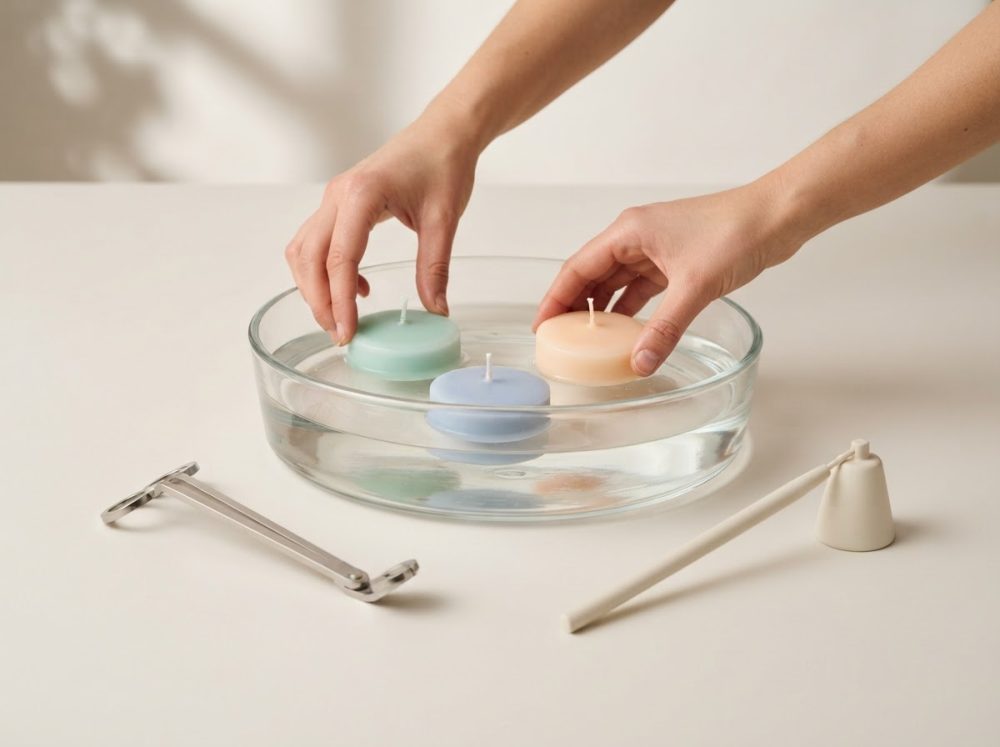 Mãos a colocar velas coloridas flutuantes numa tigela de vidro com água e ferramentas para velas ao lado
