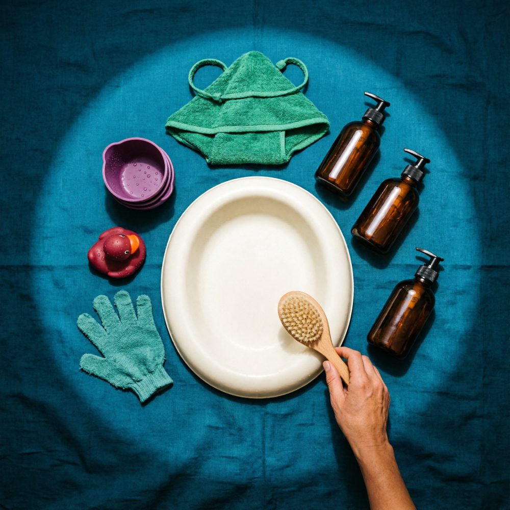 Kit de banho para bebé com bacia branca, touca verde, luva, escova, frascos âmbar e brinquedo pato