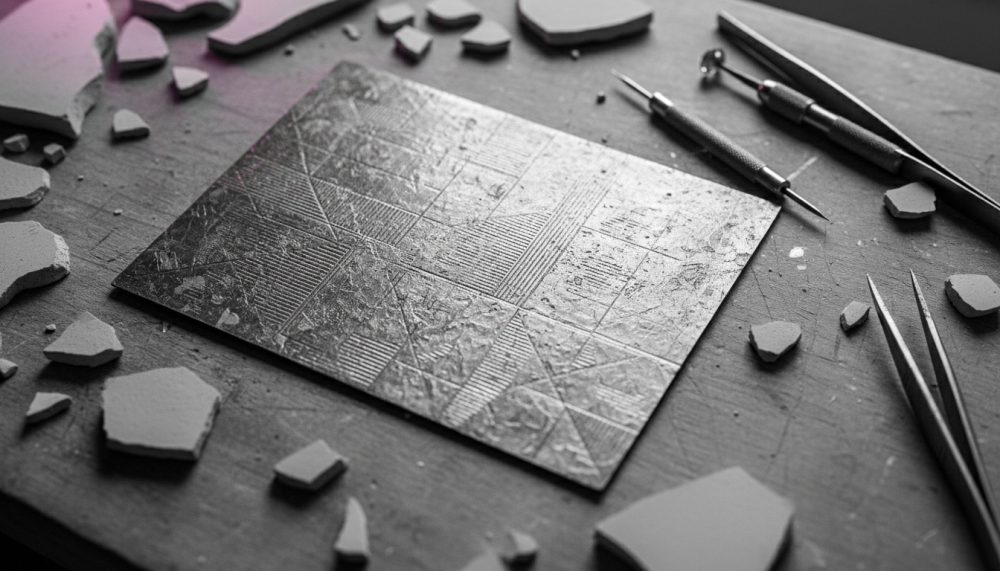 Placa metálica gravada com padrão geométrico cercada de ferramentas e fragmentos em superfície de madeira