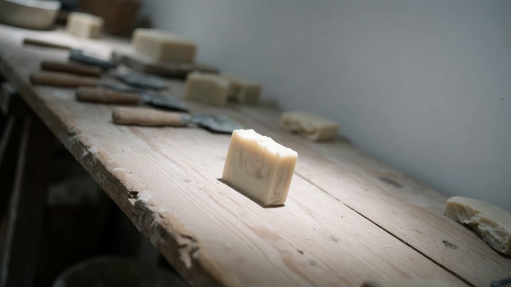 Sabonete artesanal creme destacado sobre mesa de madeira rústica com ferramentas ao fundo