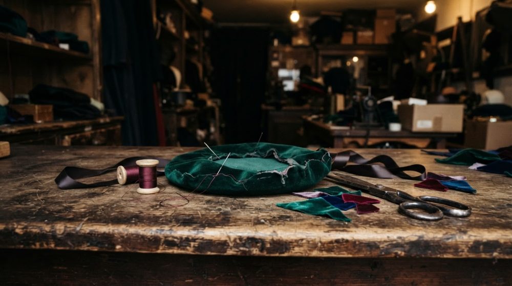 Mesa de madeira com material de costura e tecido verde num ateliê de moda com iluminação ambiente