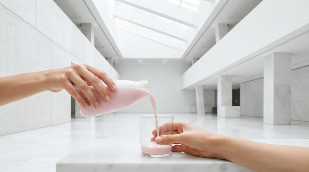Mãos a servir leite cor-de-rosa num copo em superfície branca de mármore sob luz natural