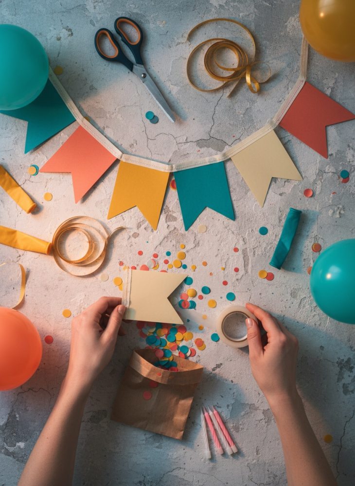 Mãos a preparar guirlanda com bandeirolas coloridas, fita adesiva e confetis para festa alegre