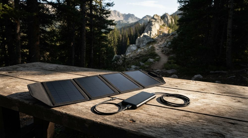 Carregador solar portátil aberto numa mesa de madeira com power bank e paisagem montanhosa ao fundo