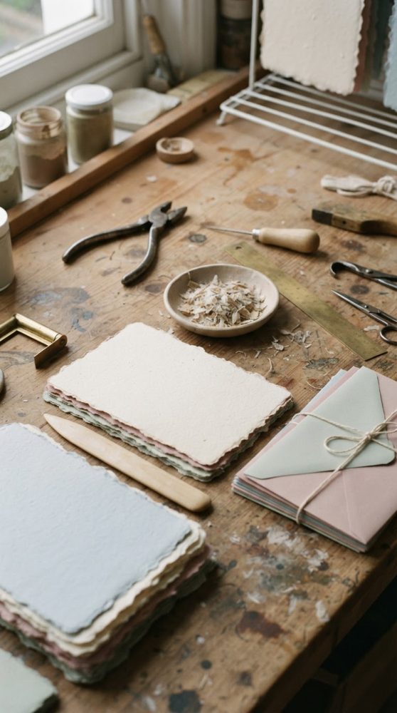 Mesa de trabalho com papel artesanal, envelopes e ferramentas de artesanato em madeira rústica